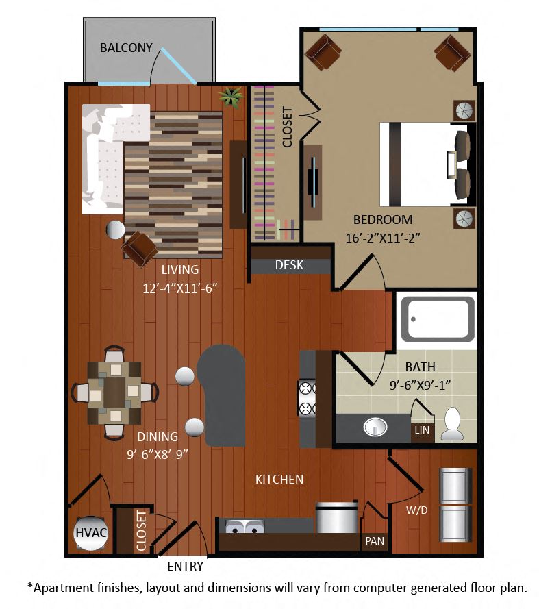 Floor plan for 1 bed, 1 bath, 850 sqft